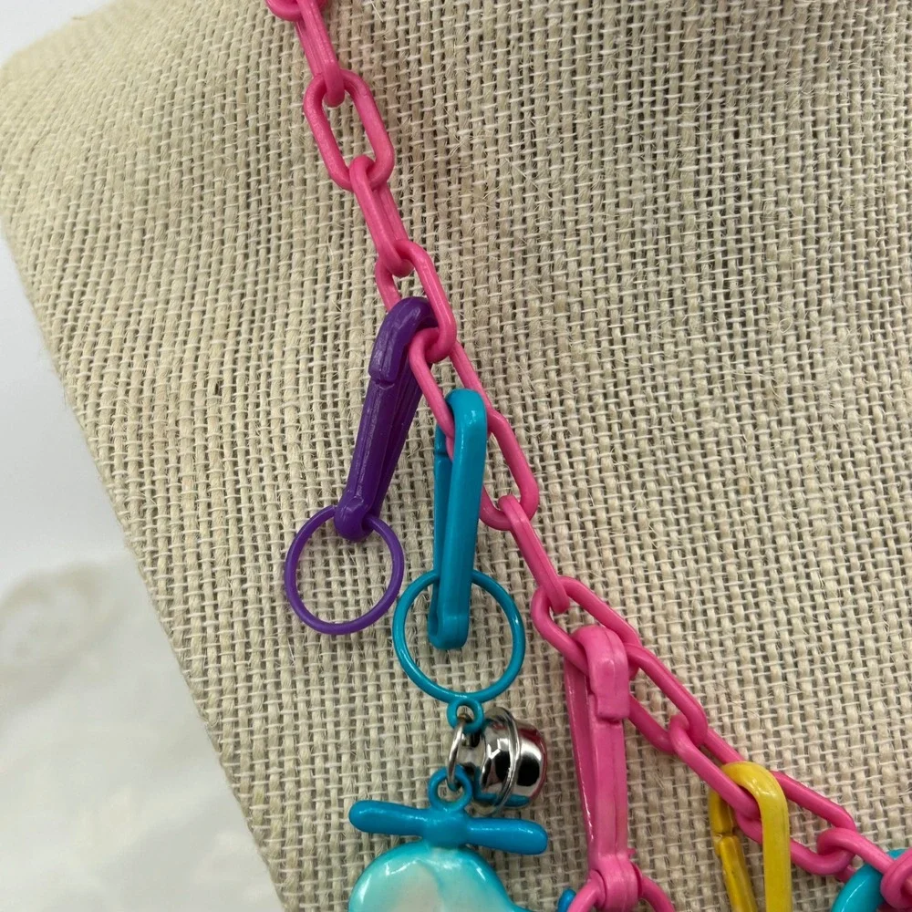 Vintage 80s Plastic Charms Clip and Bell Necklace Pink Chain Funky Colorful Toy - Picture 8 of 13